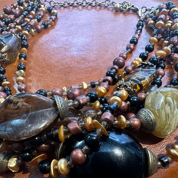 Chicos multi beaded bib, choker necklace, and brown, black brass colors - Picture 3 of 12